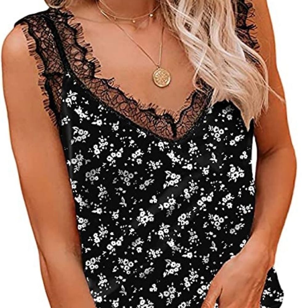 Ladies Black Floral Sleeveless Boho Casual Vneck Tank Top sz Large